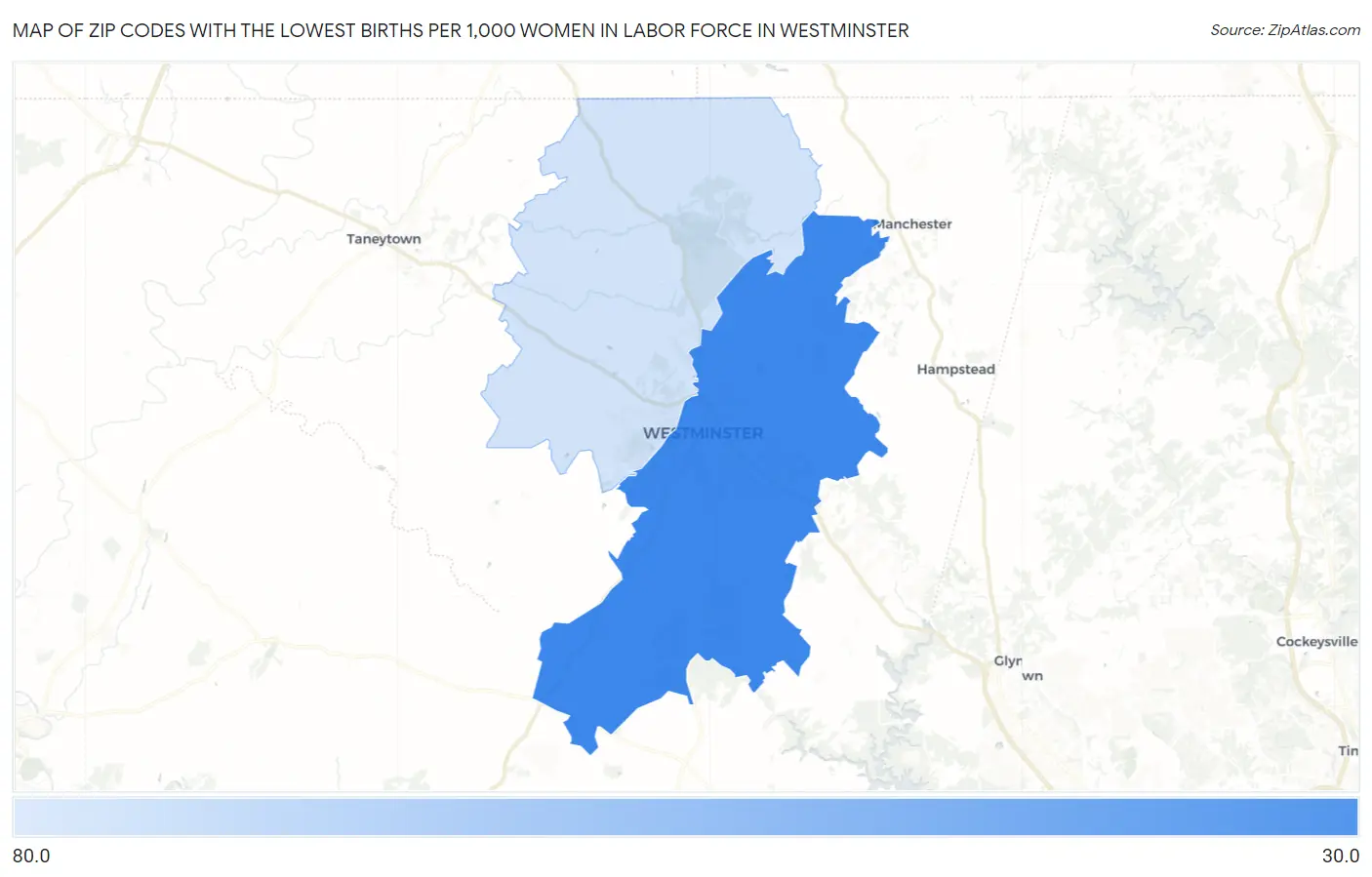 Zip Codes with the Lowest Births per 1,000 Women in Labor Force in Westminster Map
