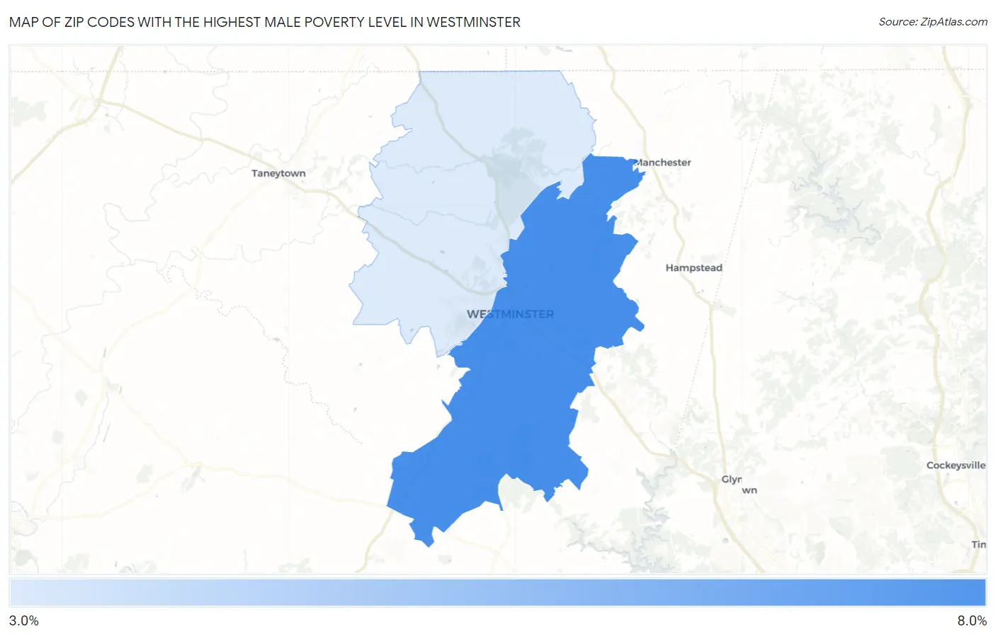 Zip Codes with the Highest Male Poverty Level in Westminster Map