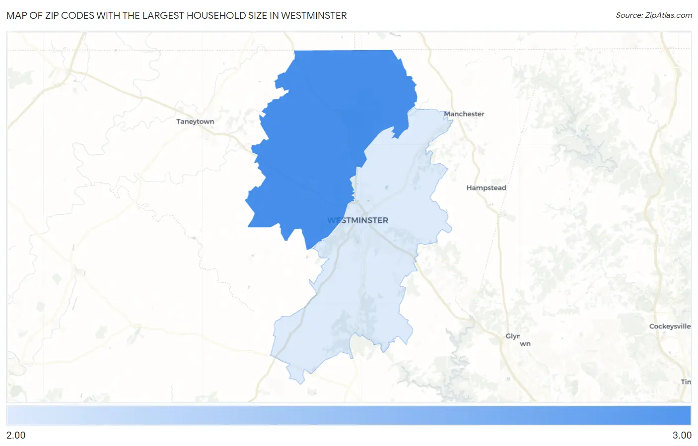 Zip Codes with the Largest Household Size in Westminster Map
