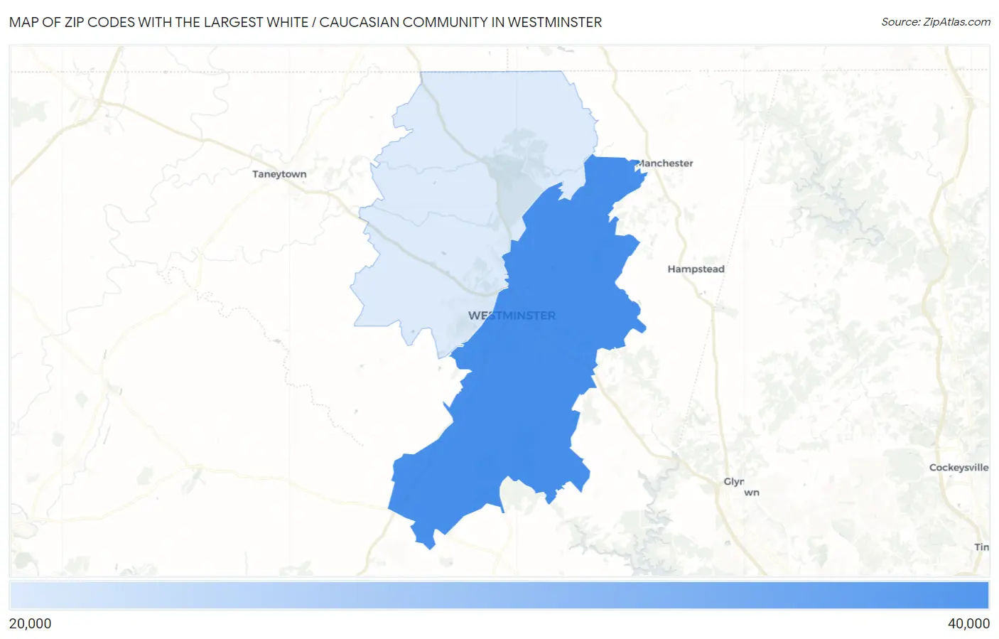 Zip Codes with the Largest White / Caucasian Community in Westminster Map