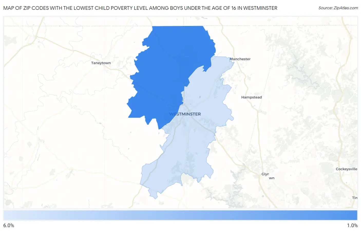 Zip Codes with the Lowest Child Poverty Level Among Boys Under the Age of 16 in Westminster Map