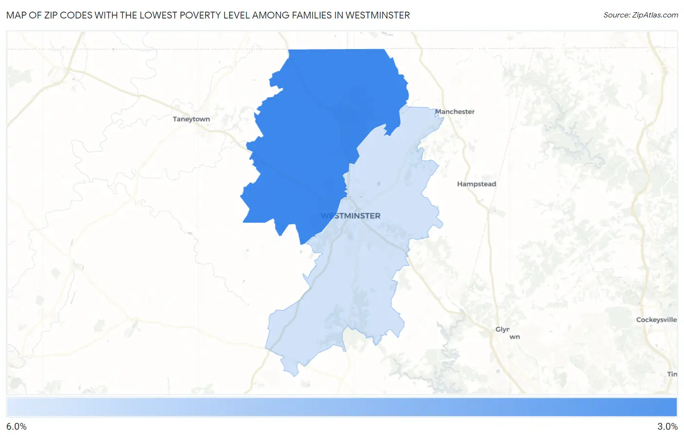Zip Codes with the Lowest Poverty Level Among Families in Westminster Map