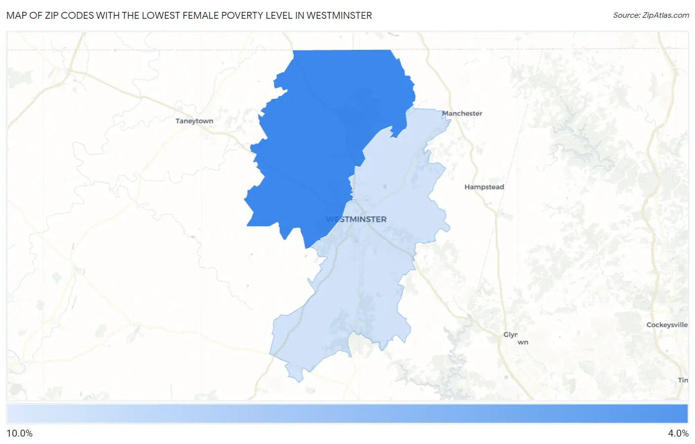 Zip Codes with the Lowest Female Poverty Level in Westminster Map