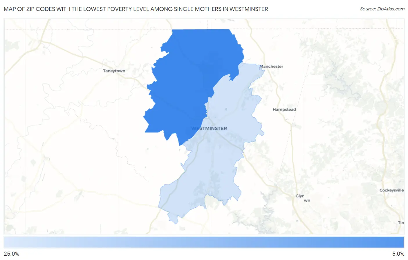 Zip Codes with the Lowest Poverty Level Among Single Mothers in Westminster Map