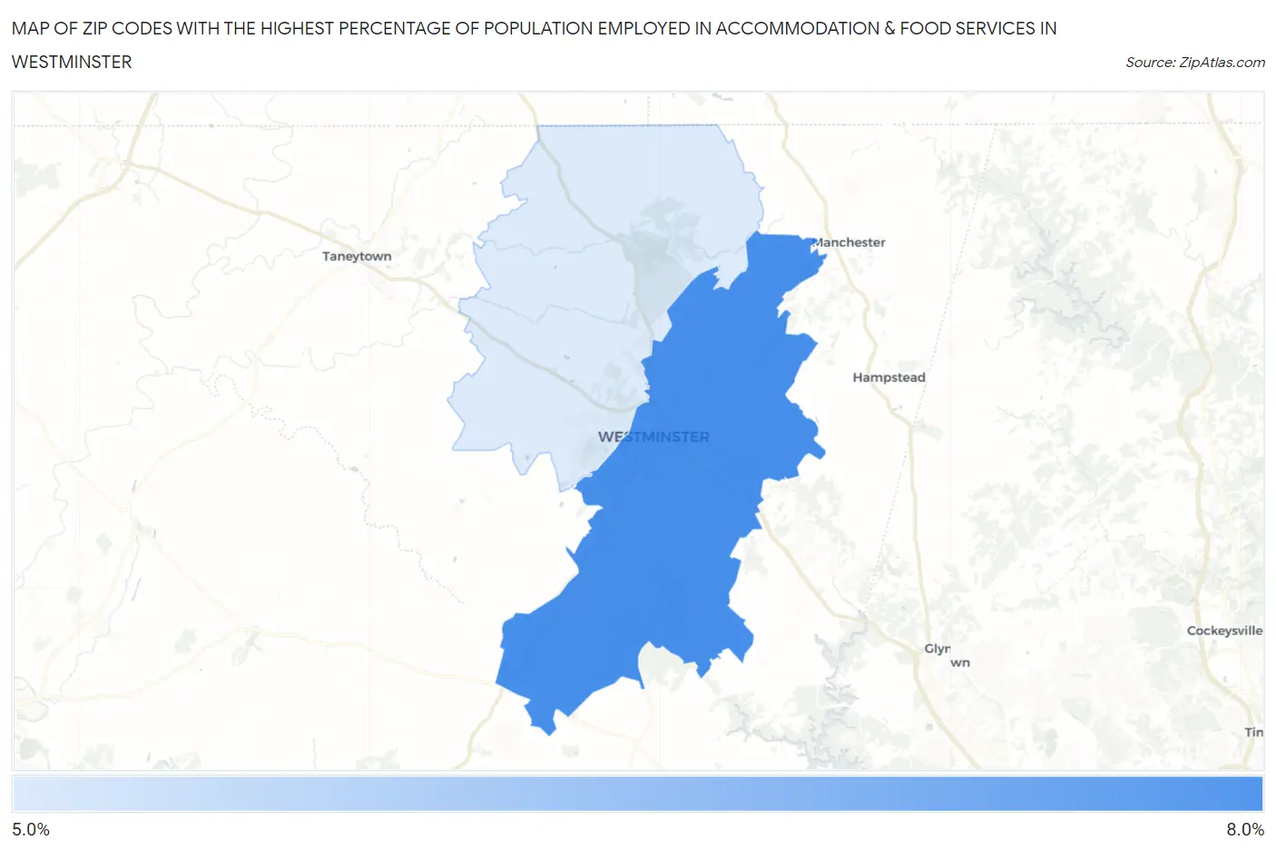 Zip Codes with the Highest Percentage of Population Employed in Accommodation & Food Services in Westminster Map