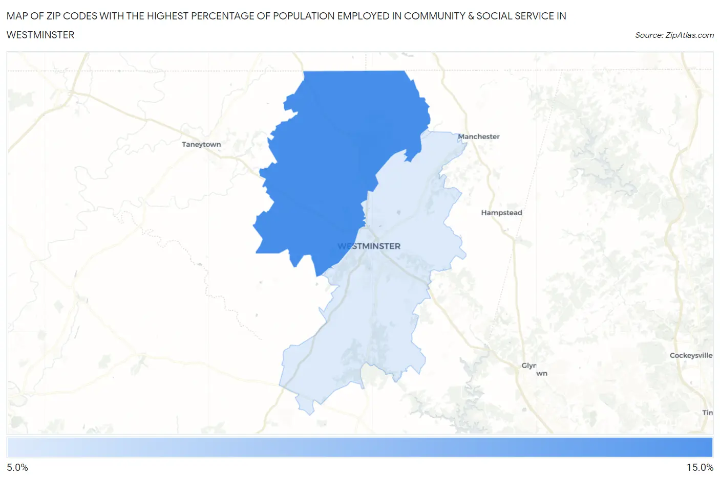 Zip Codes with the Highest Percentage of Population Employed in Community & Social Service  in Westminster Map