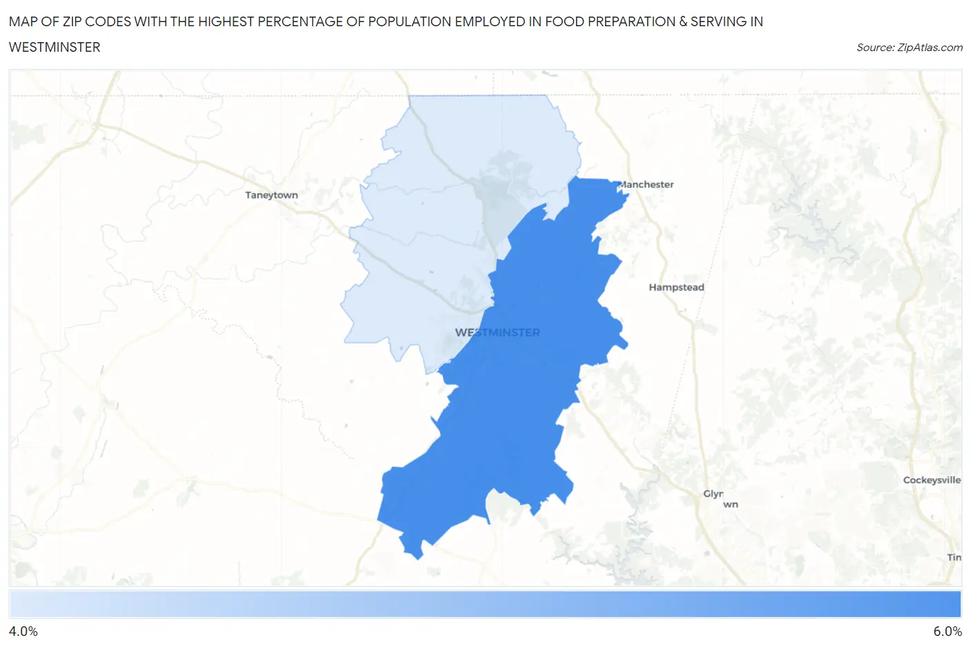 Zip Codes with the Highest Percentage of Population Employed in Food Preparation & Serving in Westminster Map