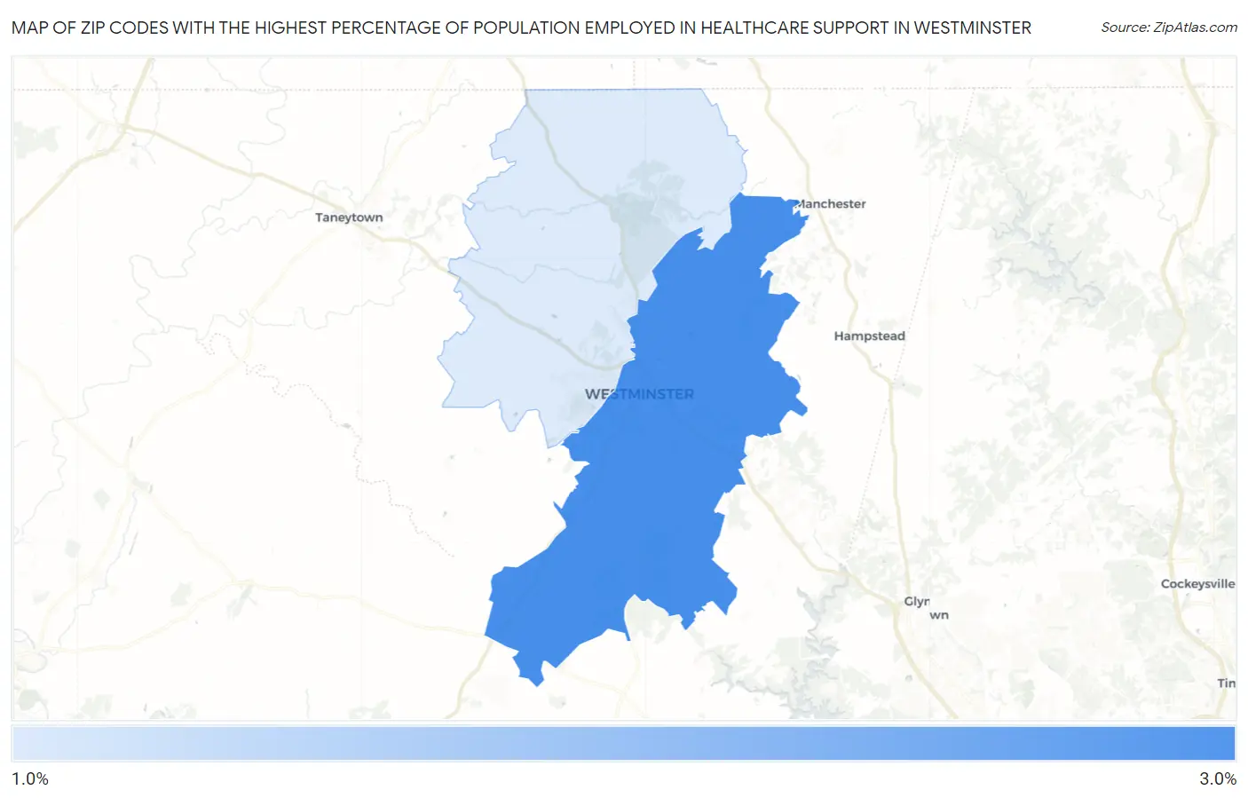 Zip Codes with the Highest Percentage of Population Employed in Healthcare Support in Westminster Map