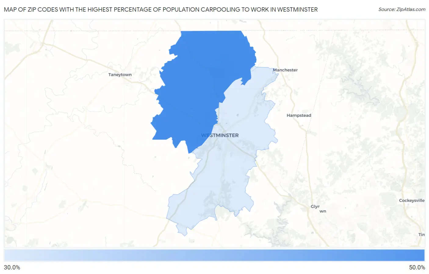 Zip Codes with the Highest Percentage of Population Carpooling to Work in Westminster Map