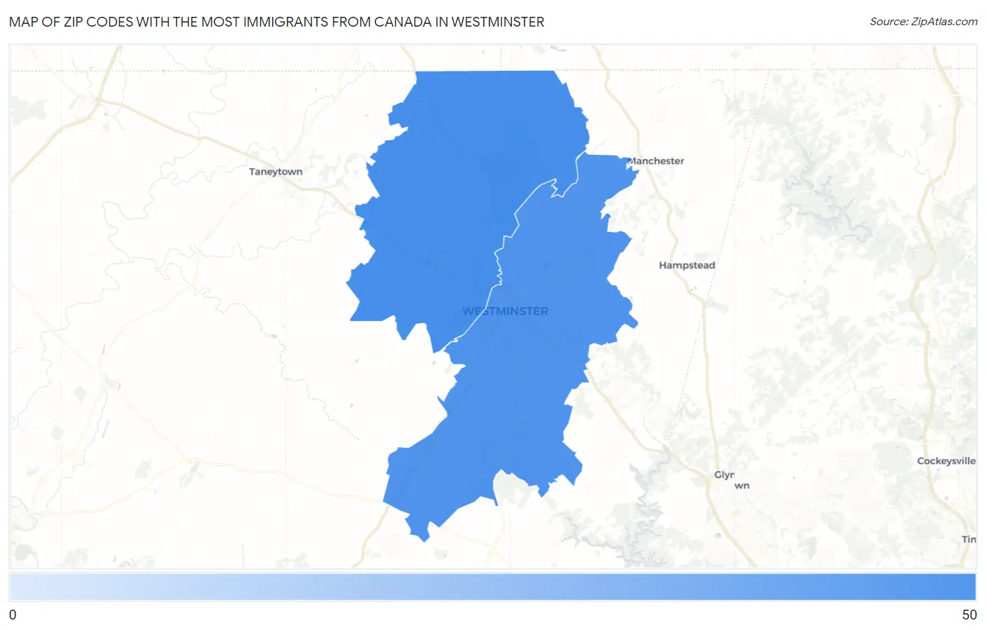 Zip Codes with the Most Immigrants from Canada in Westminster Map
