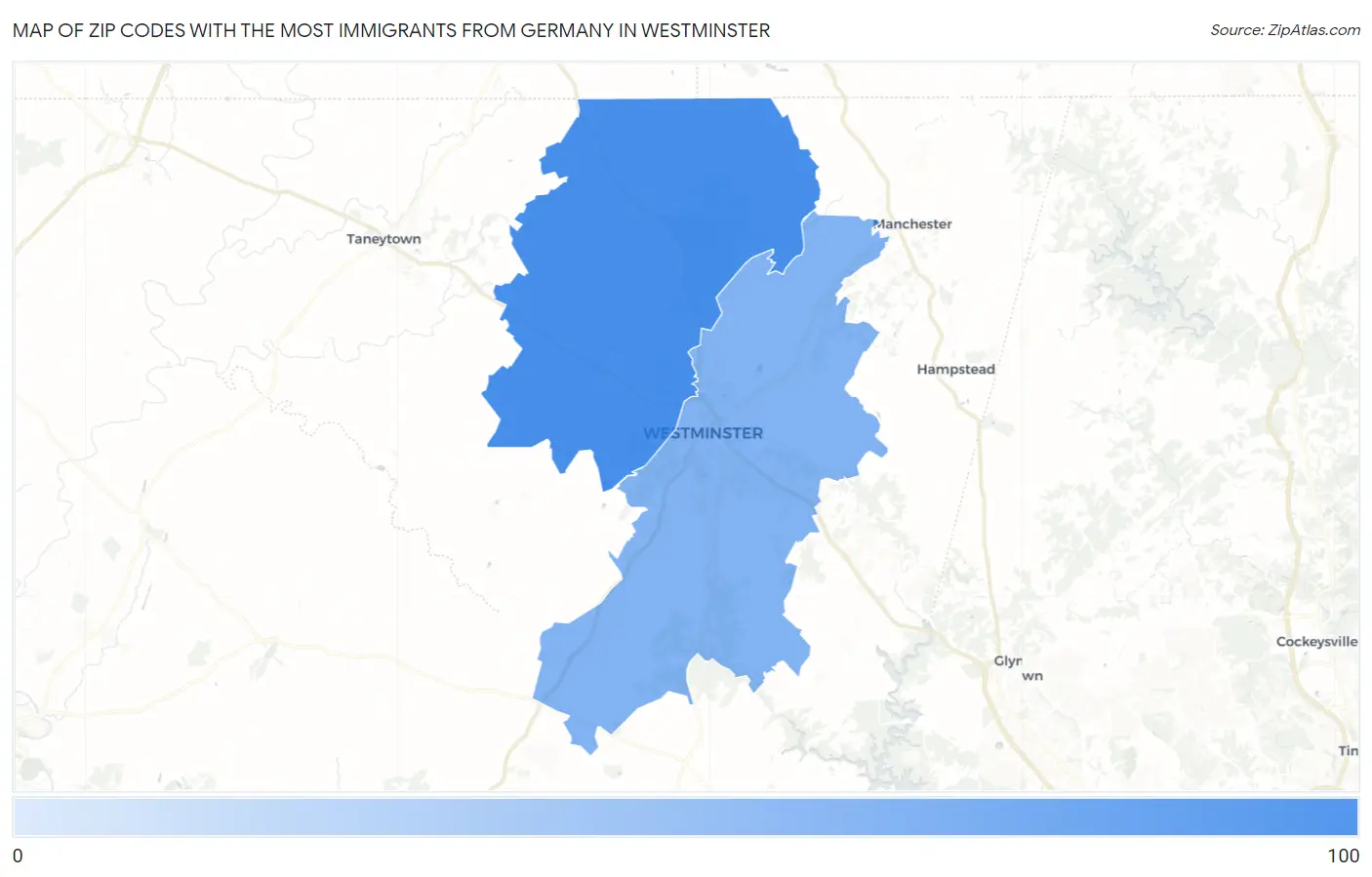 Zip Codes with the Most Immigrants from Germany in Westminster Map