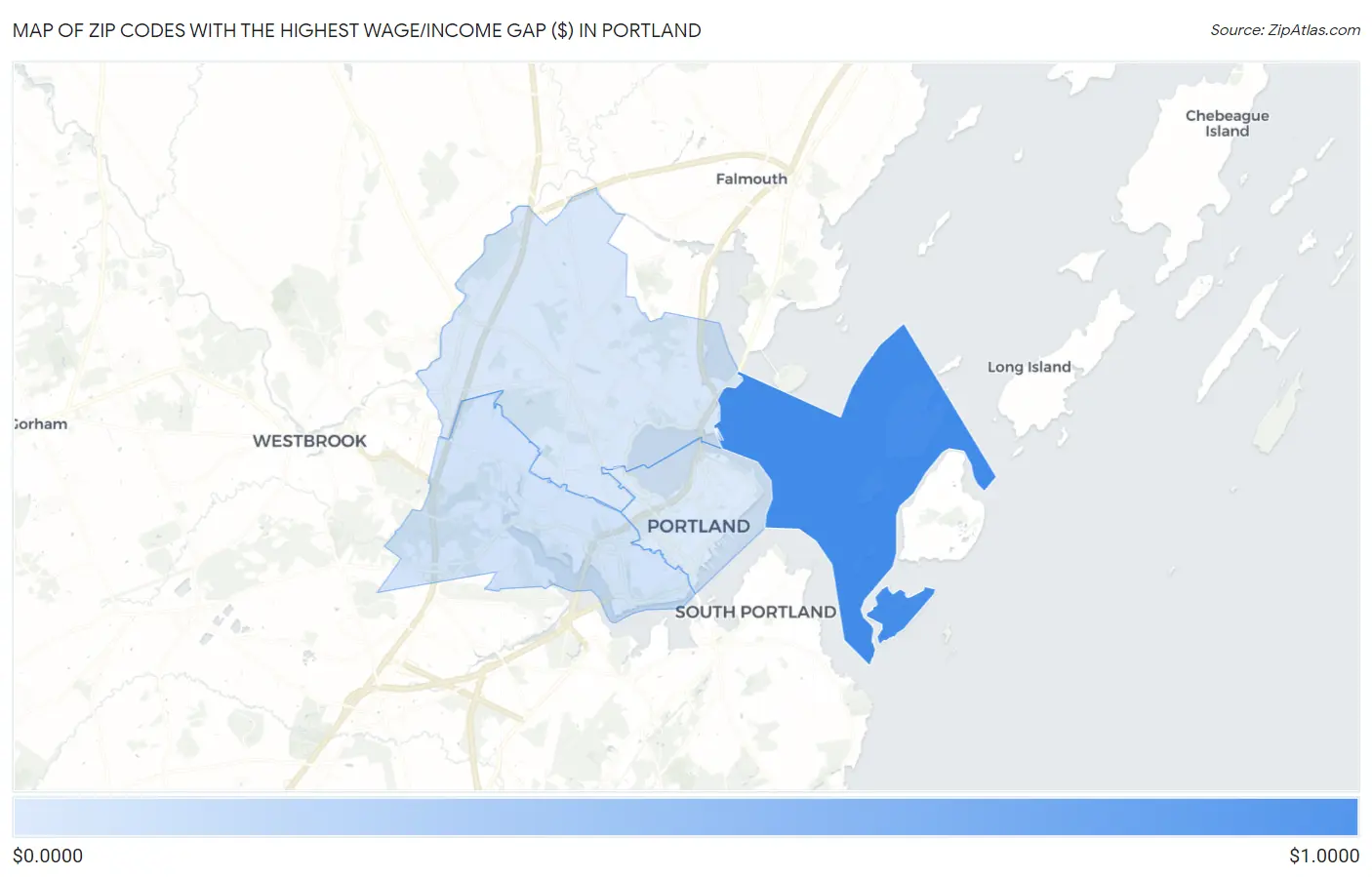 Zip Codes with the Highest Wage/Income Gap ($) in Portland Map