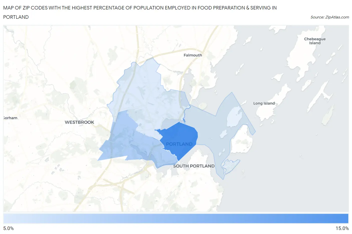 Zip Codes with the Highest Percentage of Population Employed in Food Preparation & Serving in Portland Map