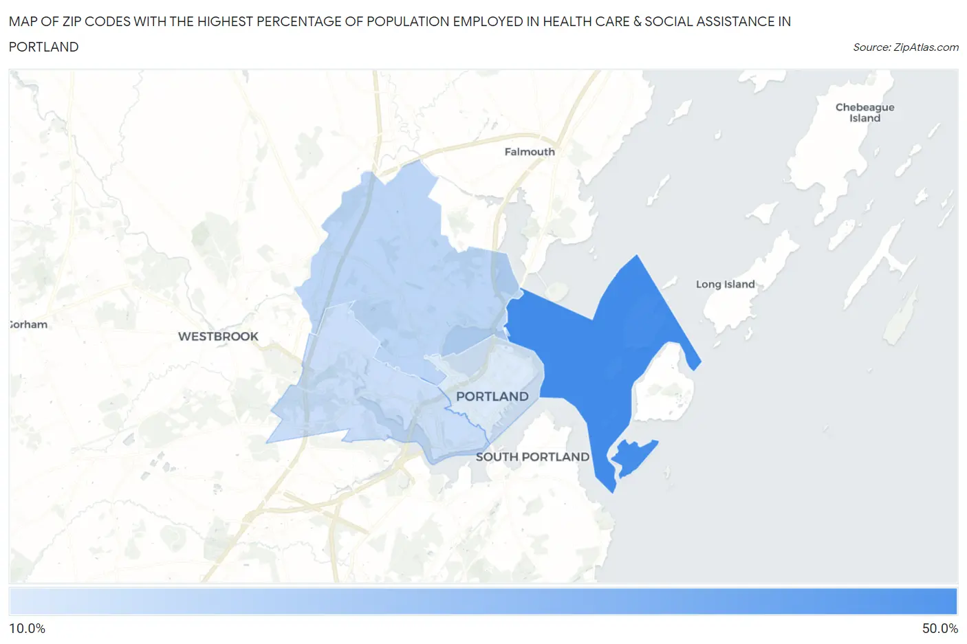 Zip Codes with the Highest Percentage of Population Employed in Health Care & Social Assistance in Portland Map