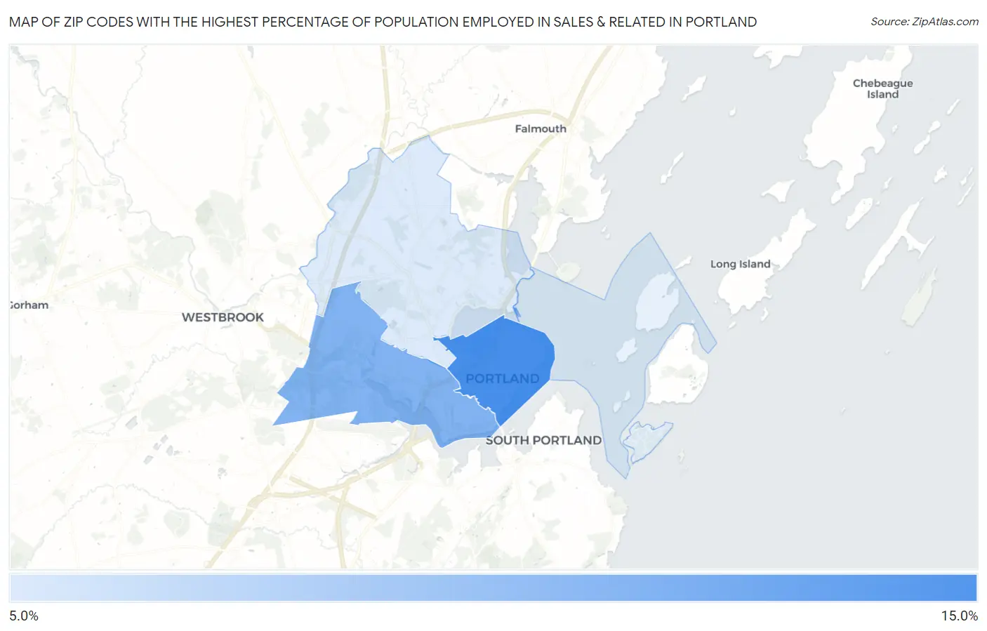 Zip Codes with the Highest Percentage of Population Employed in Sales & Related in Portland Map