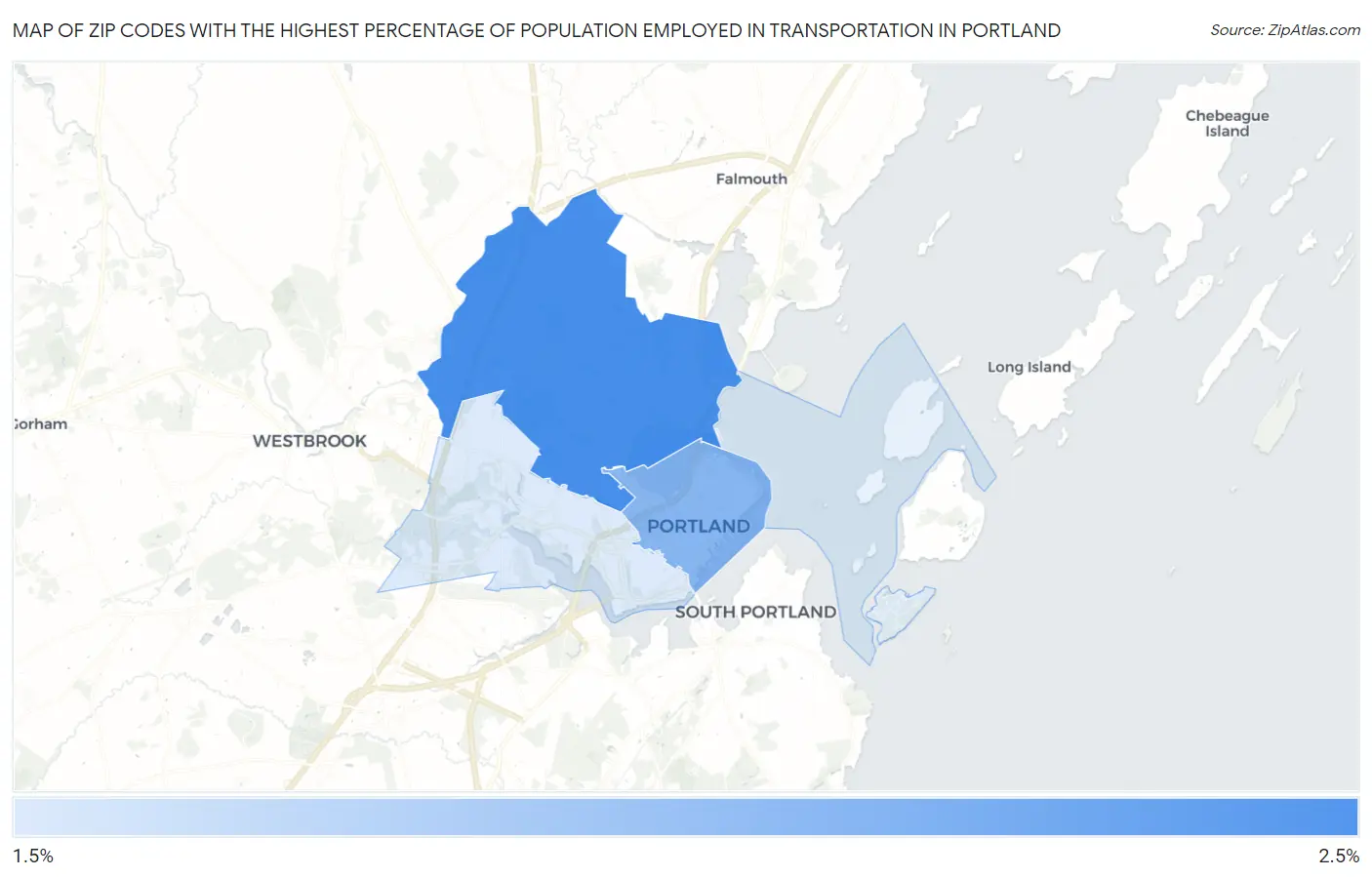 Zip Codes with the Highest Percentage of Population Employed in Transportation in Portland Map