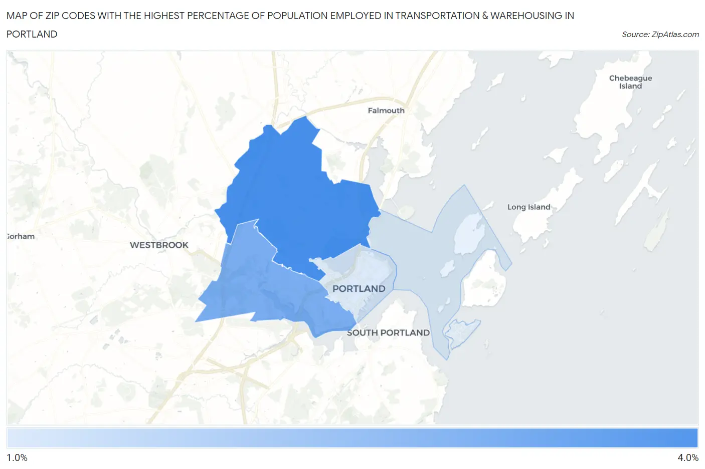 Zip Codes with the Highest Percentage of Population Employed in Transportation & Warehousing in Portland Map