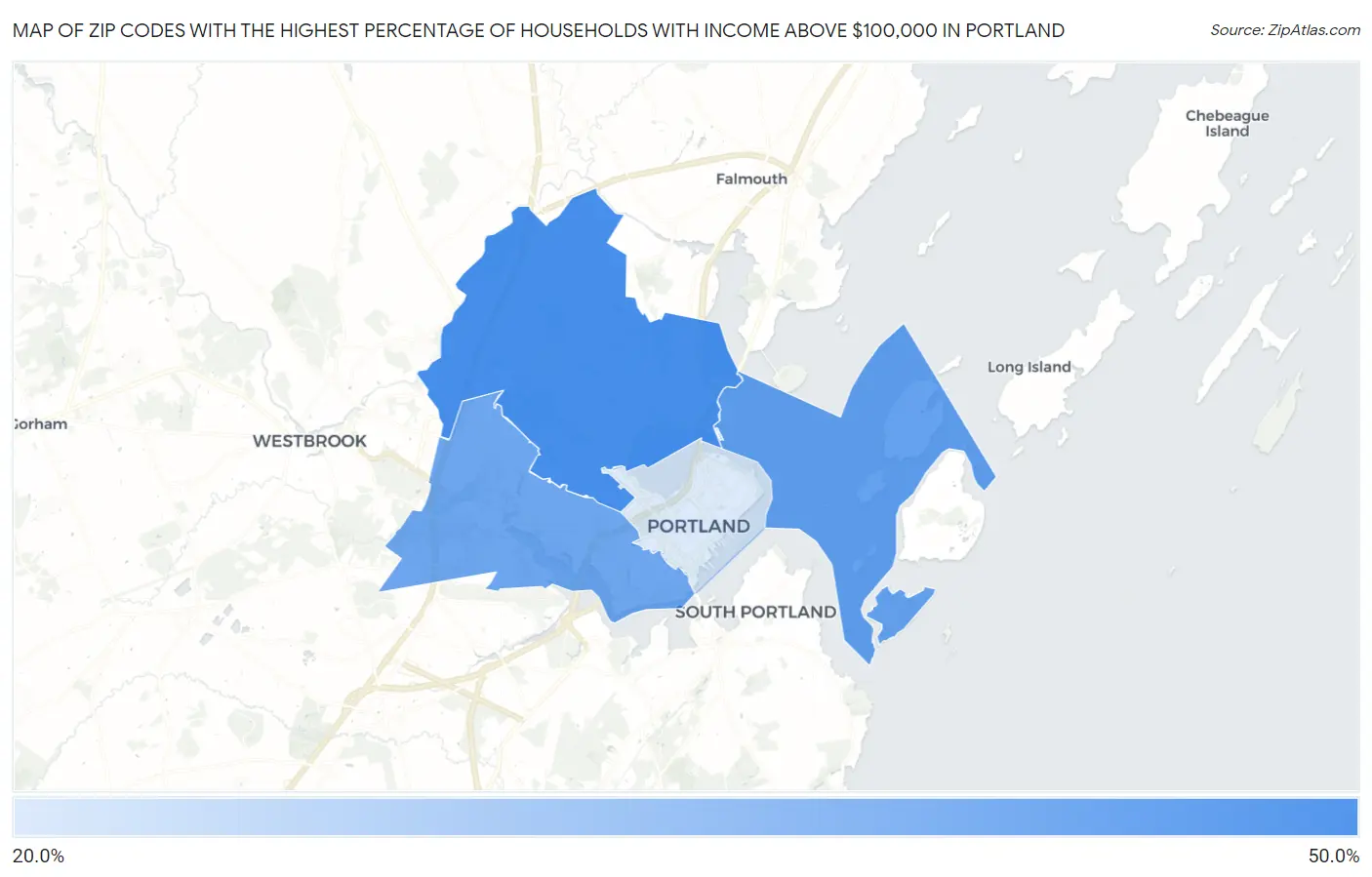 Zip Codes with the Highest Percentage of Households with Income Above $100,000 in Portland Map