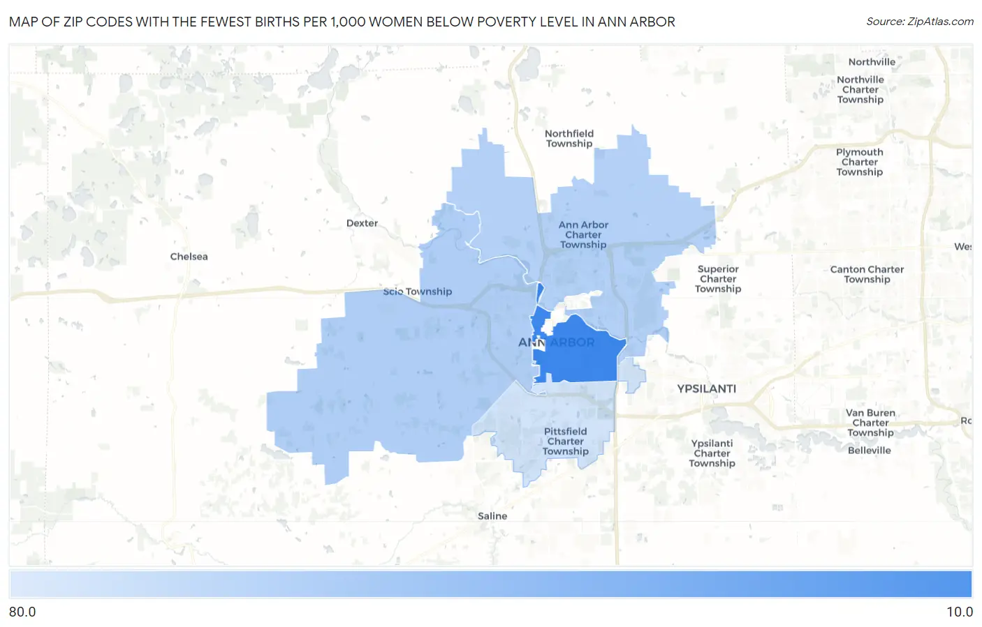 Zip Codes with the Fewest Births per 1,000 Women Below Poverty Level in Ann Arbor Map