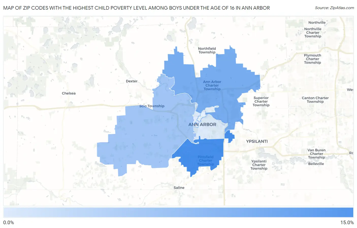 Zip Codes with the Highest Child Poverty Level Among Boys Under the Age of 16 in Ann Arbor Map