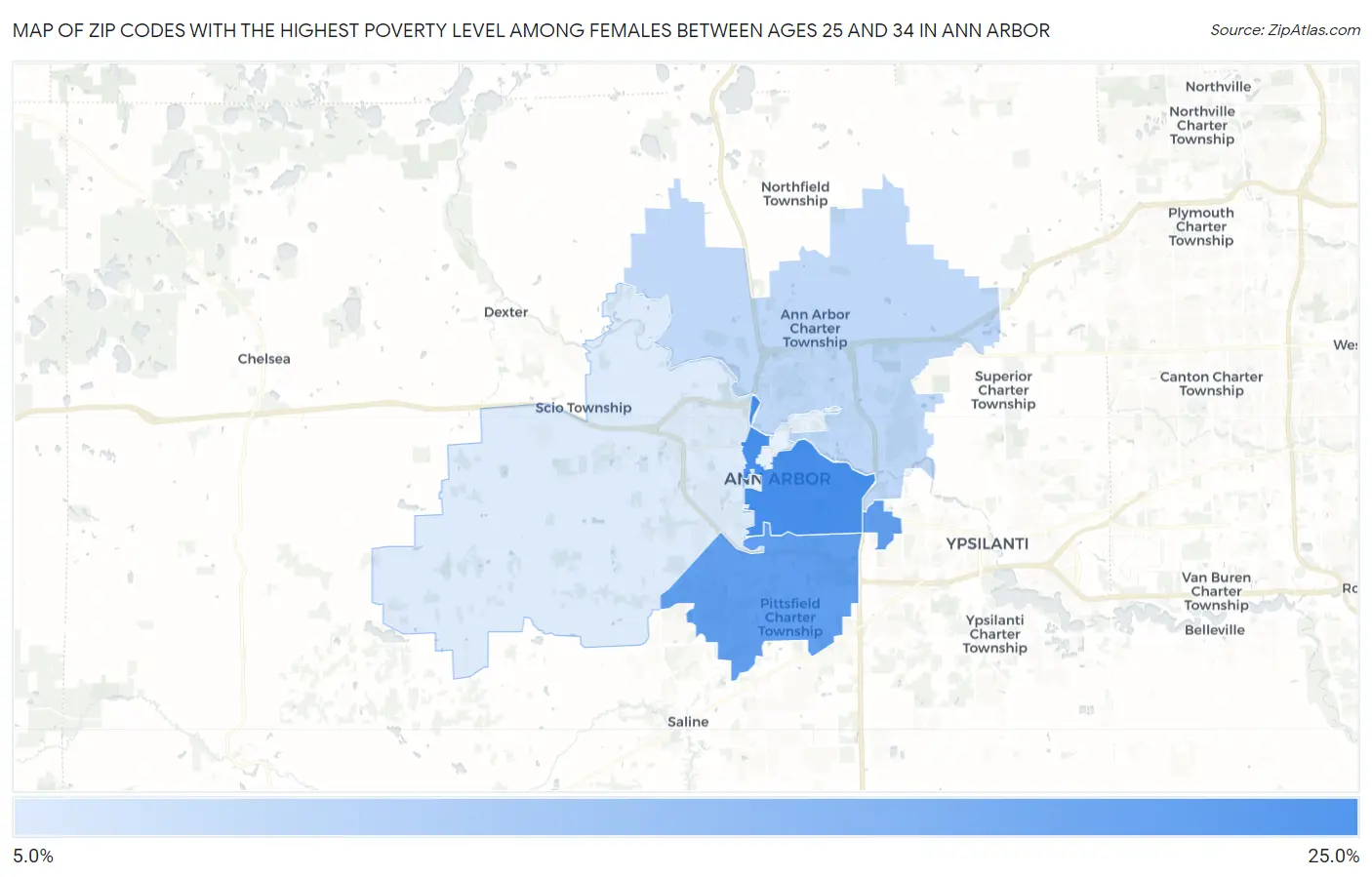 Zip Codes with the Highest Poverty Level Among Females Between Ages 25 and 34 in Ann Arbor Map