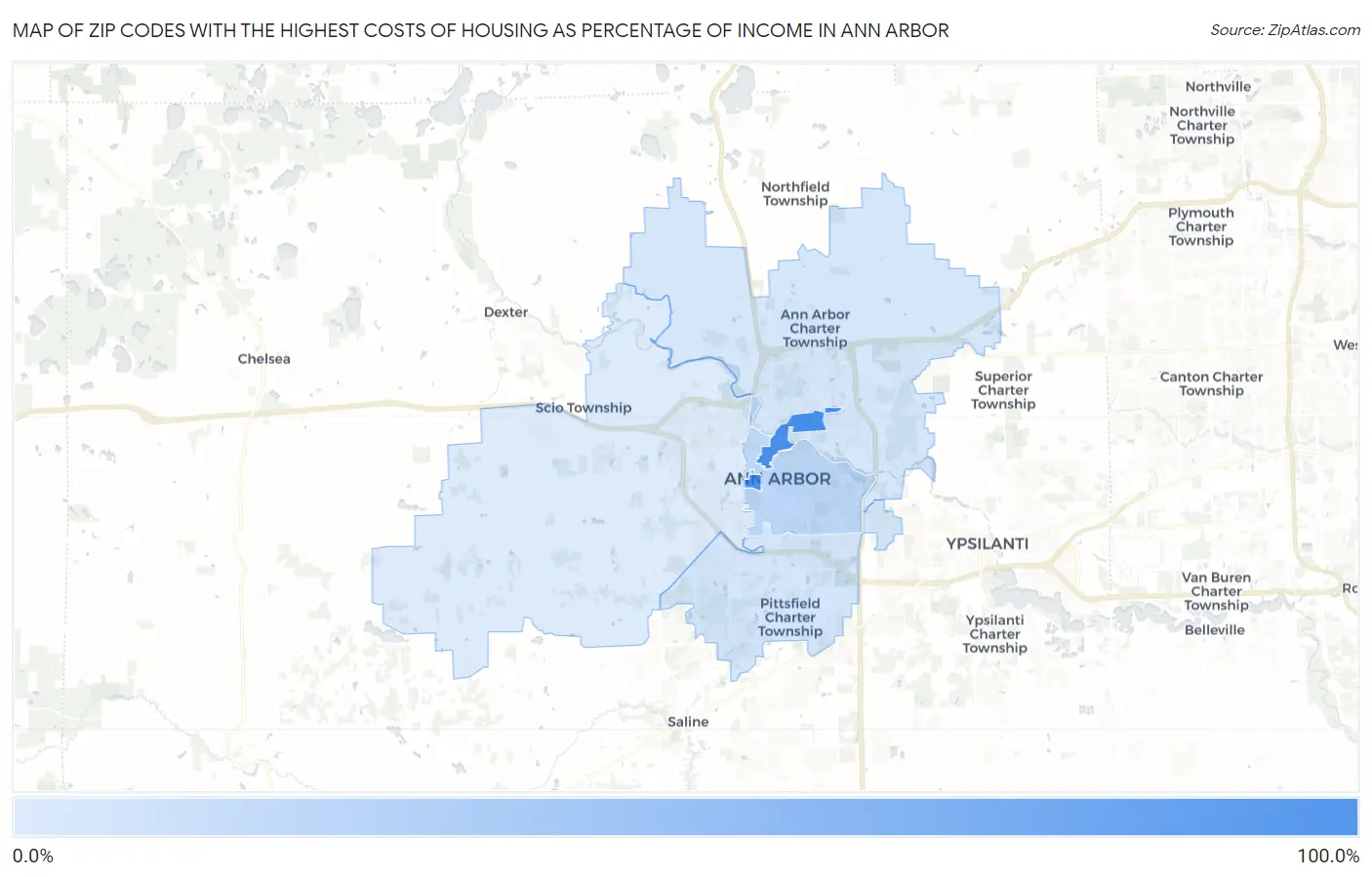 Zip Codes with the Highest Costs of Housing as Percentage of Income in Ann Arbor Map