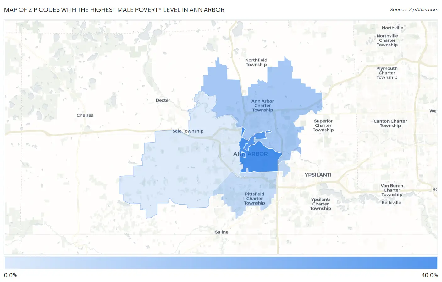 Zip Codes with the Highest Male Poverty Level in Ann Arbor Map