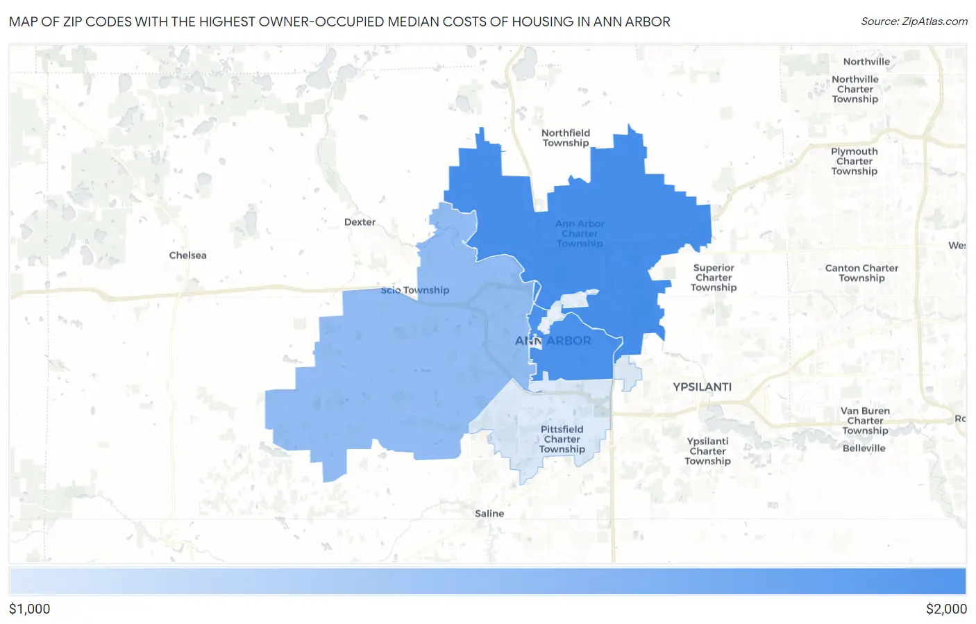 Zip Codes with the Highest Owner-Occupied Median Costs of Housing in Ann Arbor Map