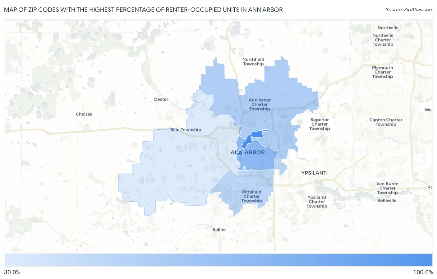 Zip Codes with the Highest Percentage of Renter-Occupied Units in Ann Arbor Map