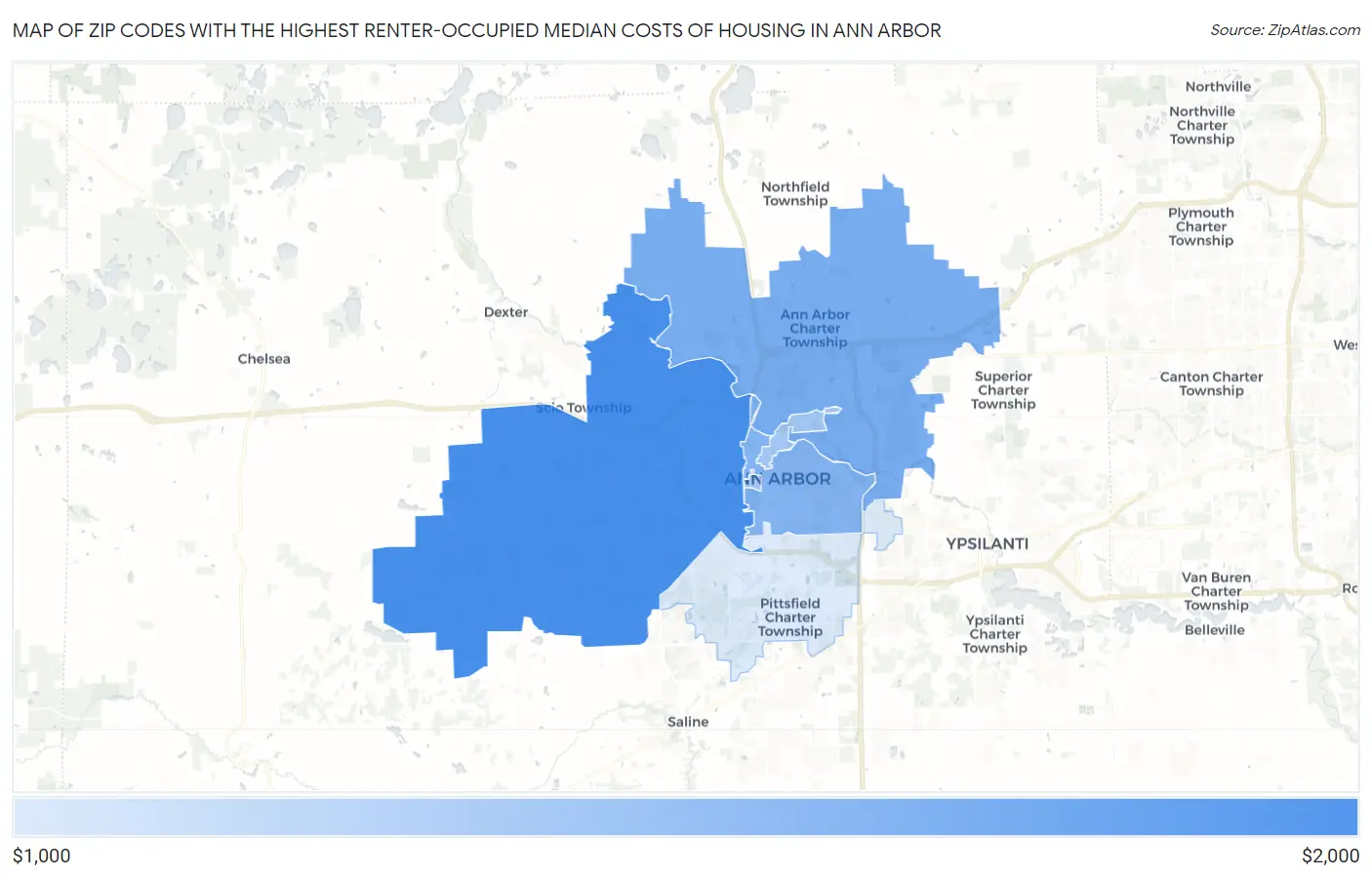 Zip Codes with the Highest Renter-Occupied Median Costs of Housing in Ann Arbor Map