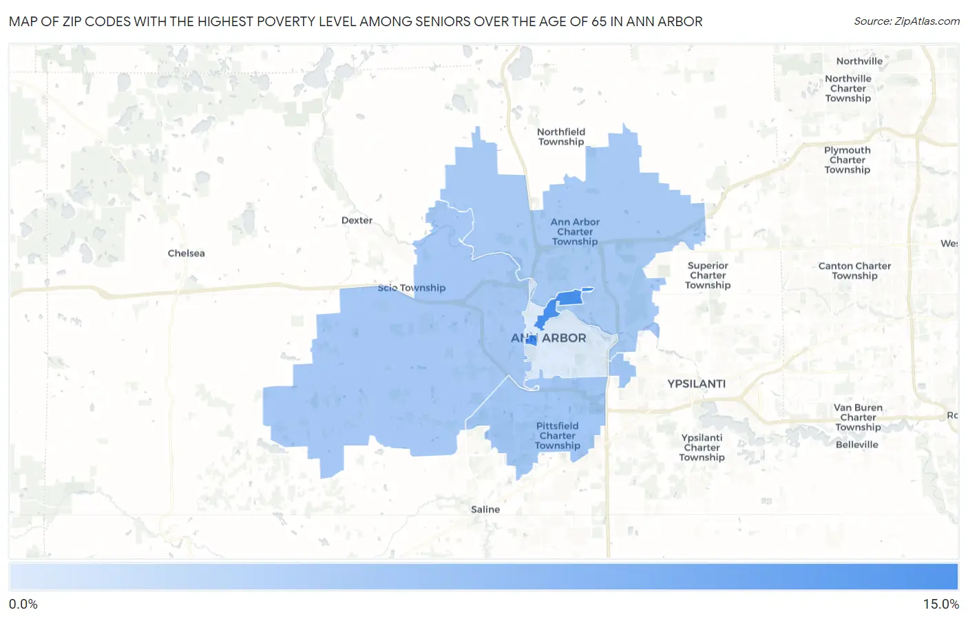 Zip Codes with the Highest Poverty Level Among Seniors Over the Age of 65 in Ann Arbor Map