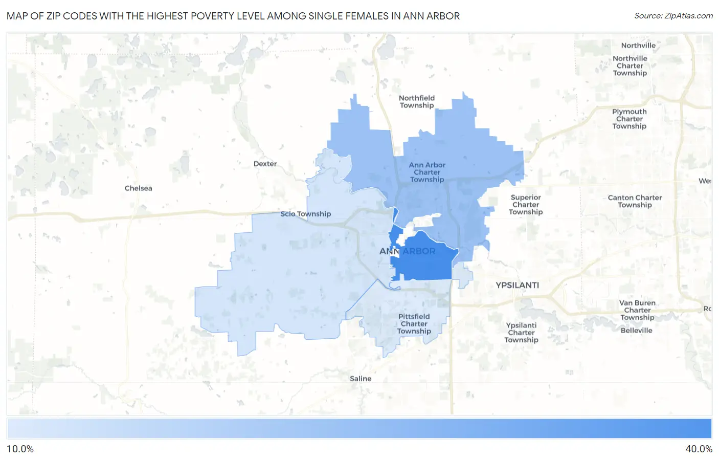Zip Codes with the Highest Poverty Level Among Single Females in Ann Arbor Map