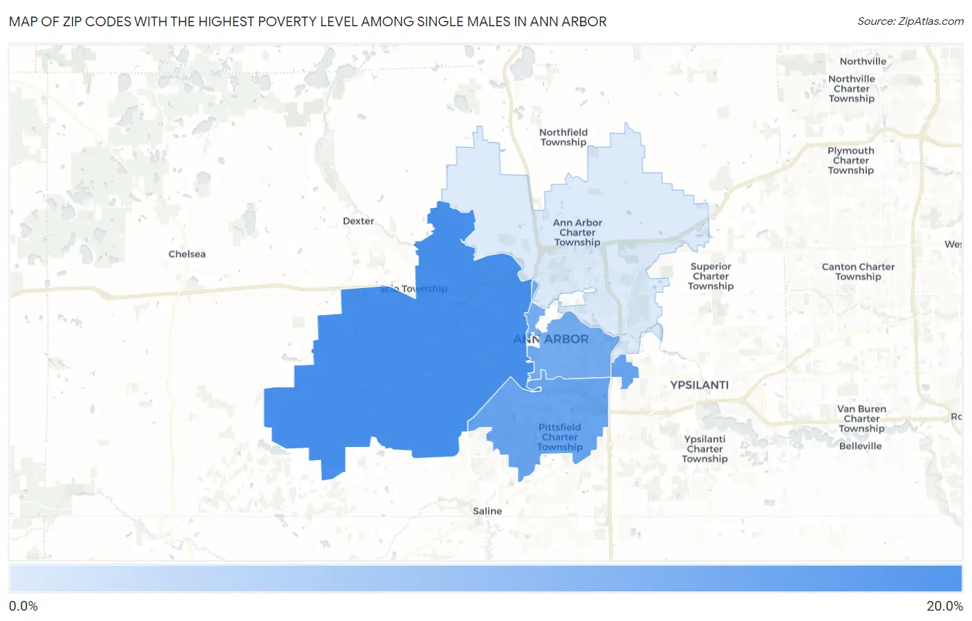 Zip Codes with the Highest Poverty Level Among Single Males in Ann Arbor Map