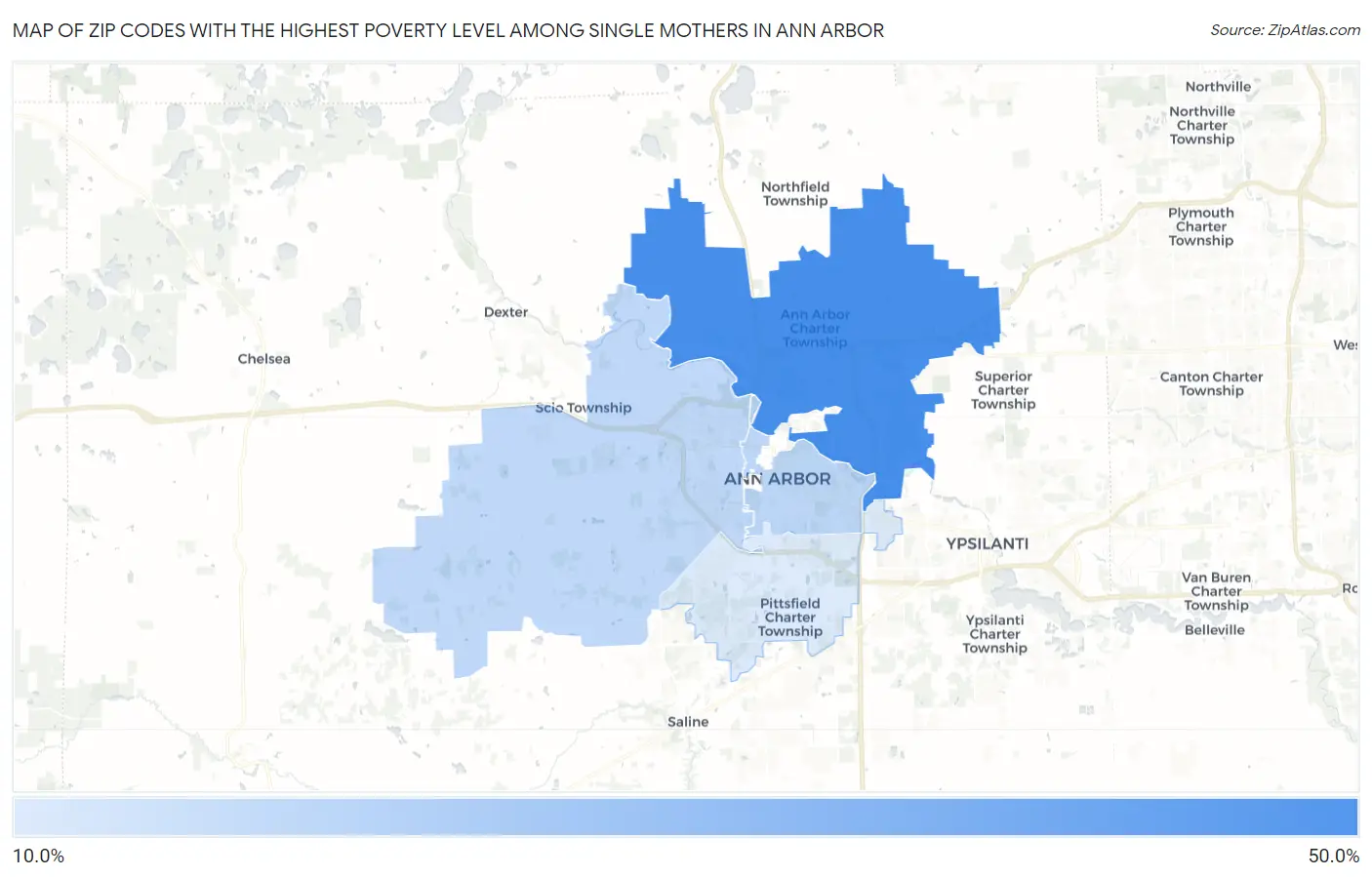 Zip Codes with the Highest Poverty Level Among Single Mothers in Ann Arbor Map