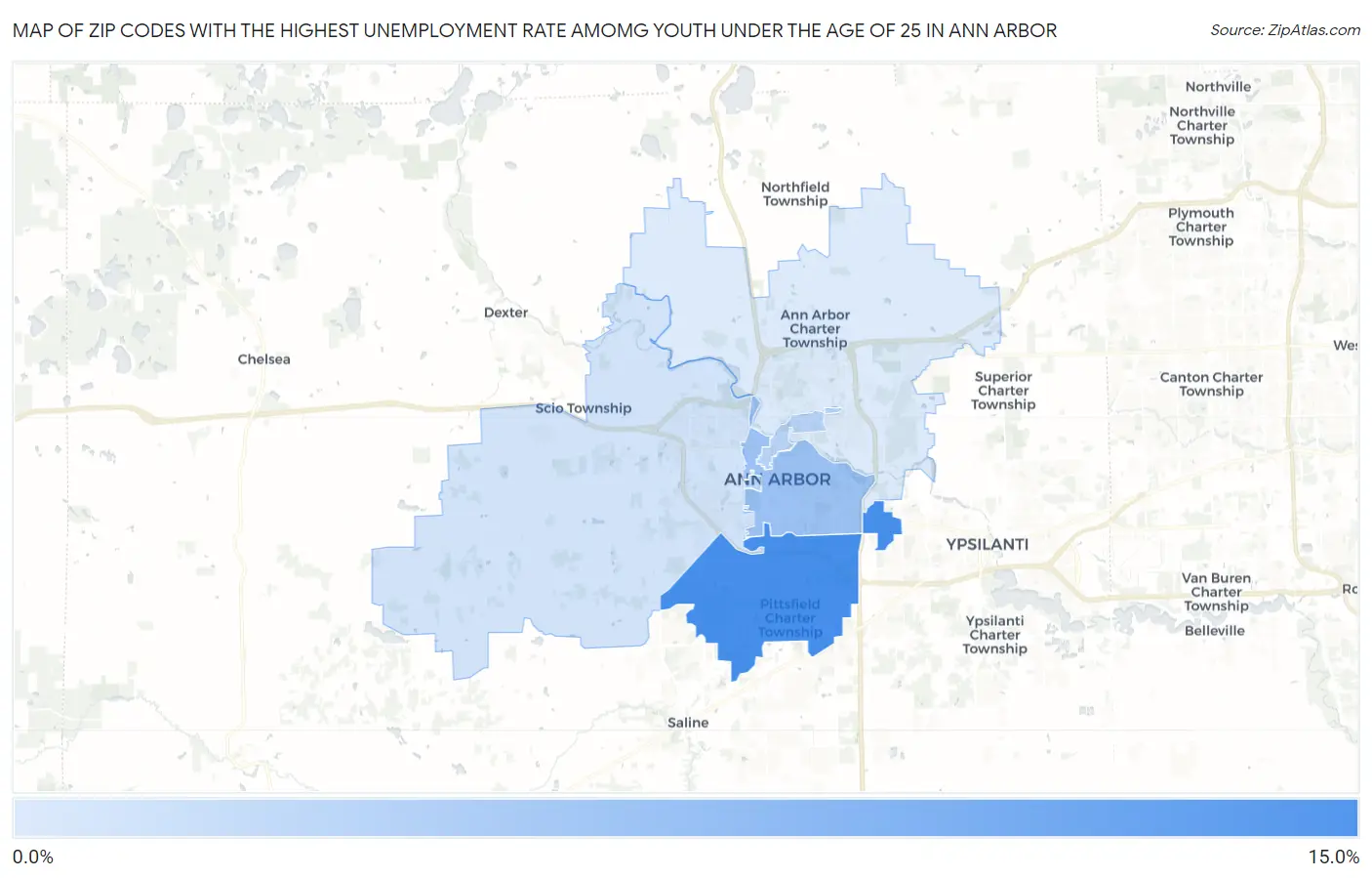 Zip Codes with the Highest Unemployment Rate Amomg Youth Under the Age of 25 in Ann Arbor Map