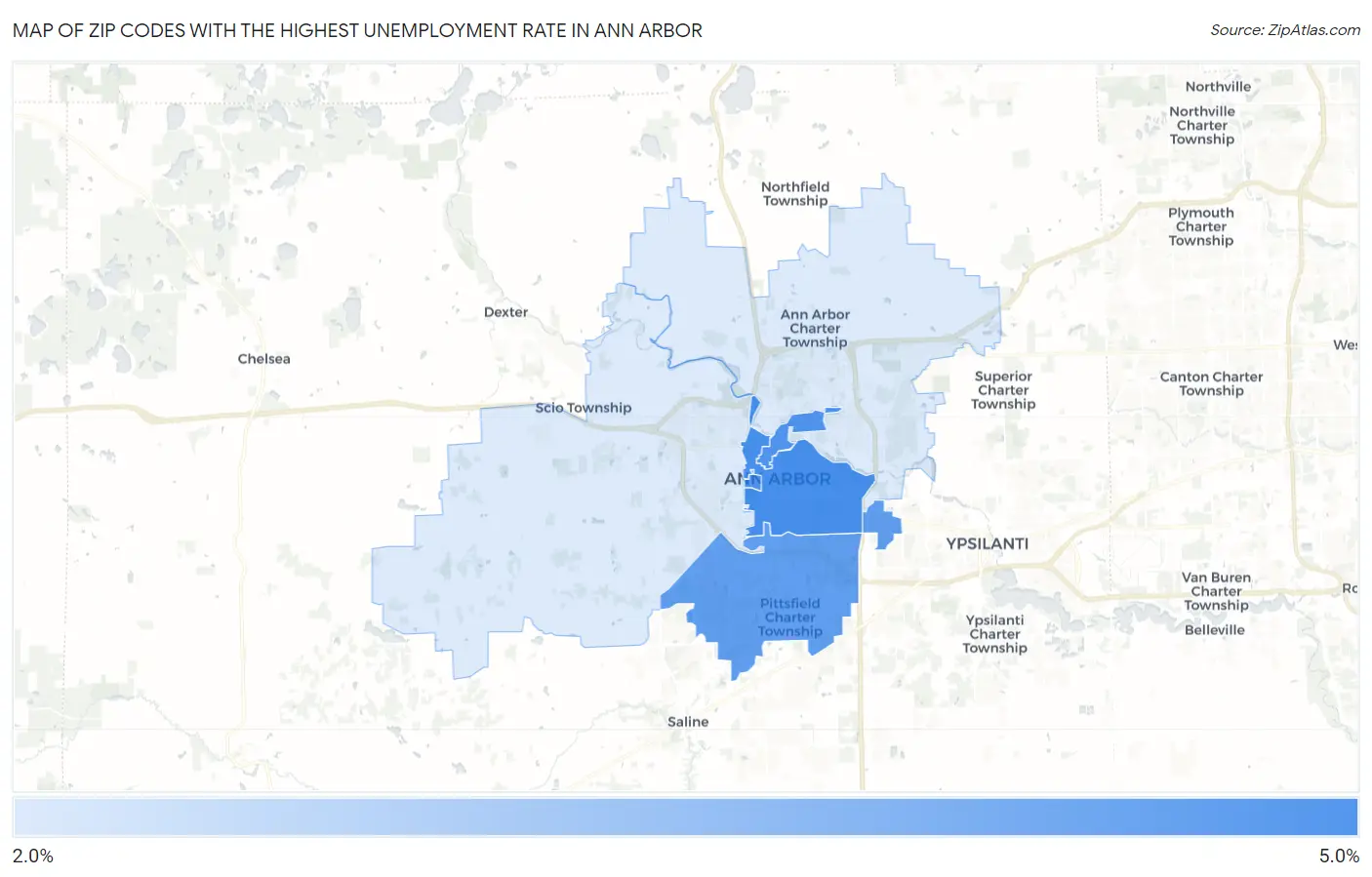 Zip Codes with the Highest Unemployment Rate in Ann Arbor Map