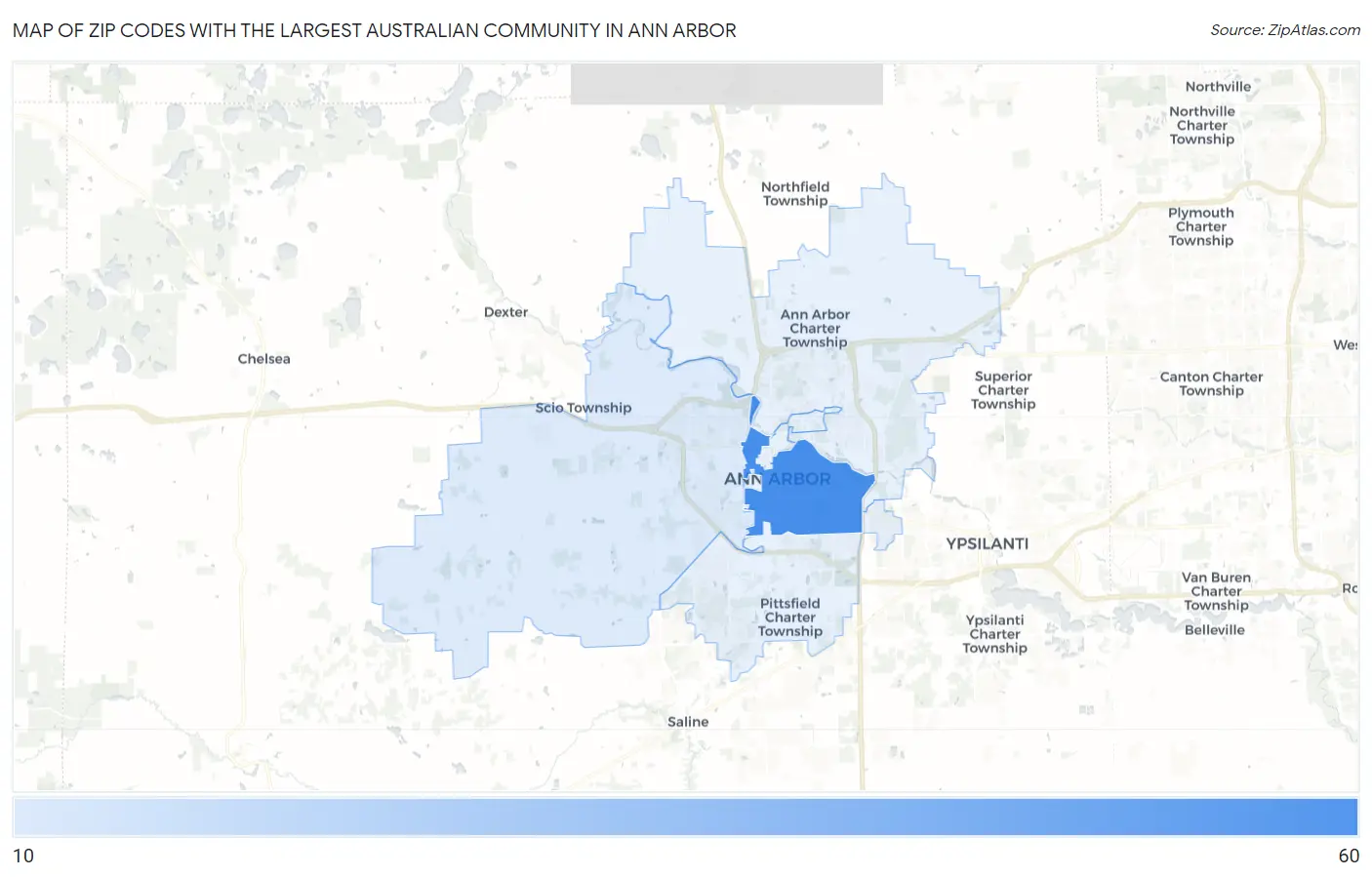 Zip Codes with the Largest Australian Community in Ann Arbor Map