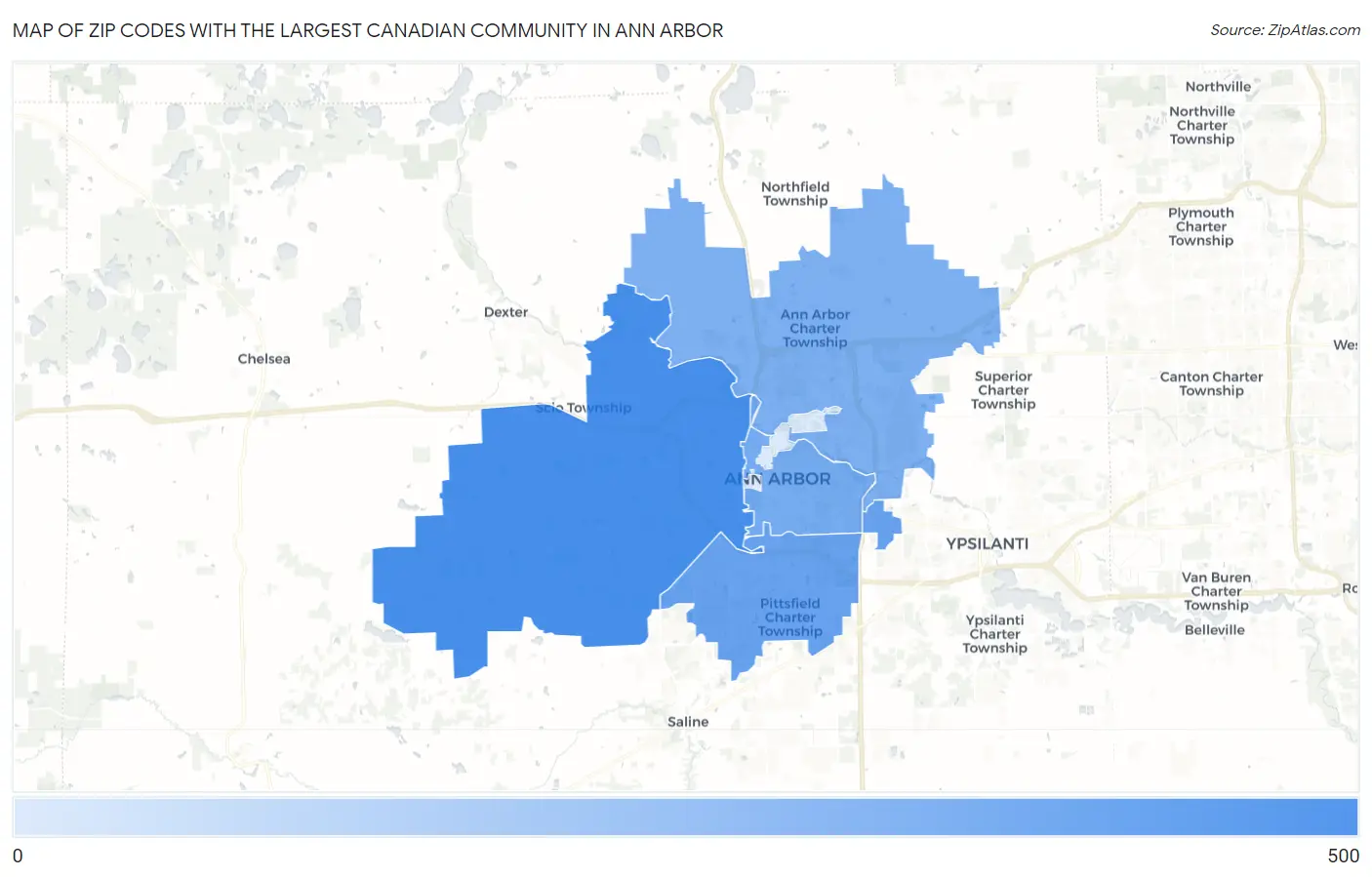 Zip Codes with the Largest Canadian Community in Ann Arbor Map