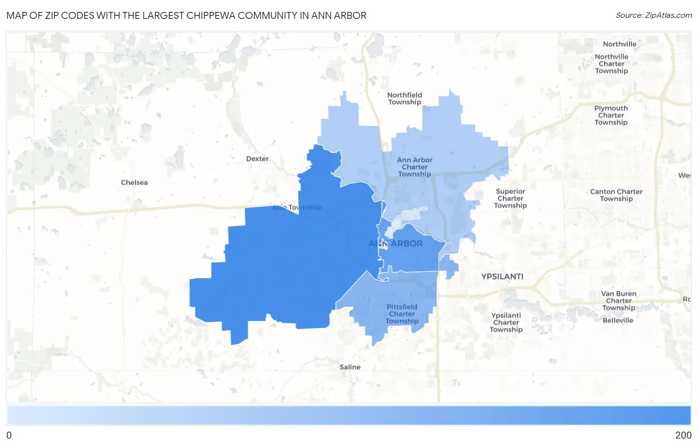 Zip Codes with the Largest Chippewa Community in Ann Arbor Map