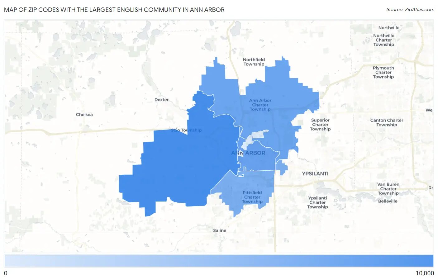 Zip Codes with the Largest English Community in Ann Arbor Map
