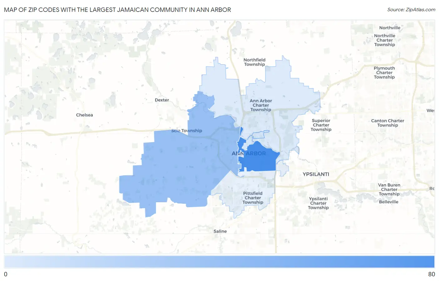 Zip Codes with the Largest Jamaican Community in Ann Arbor Map