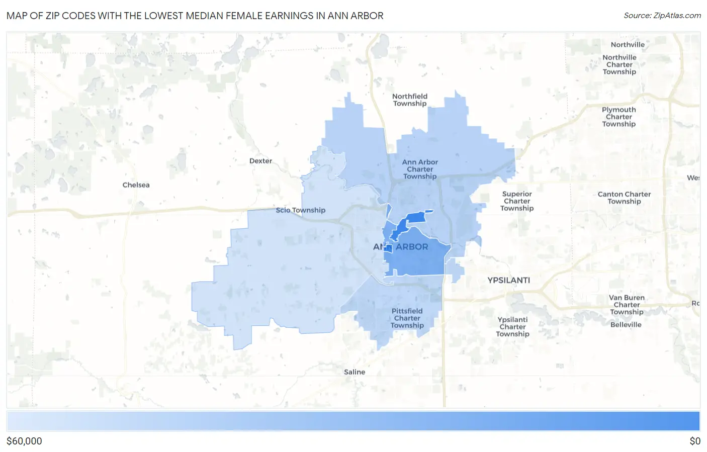 Zip Codes with the Lowest Median Female Earnings in Ann Arbor Map