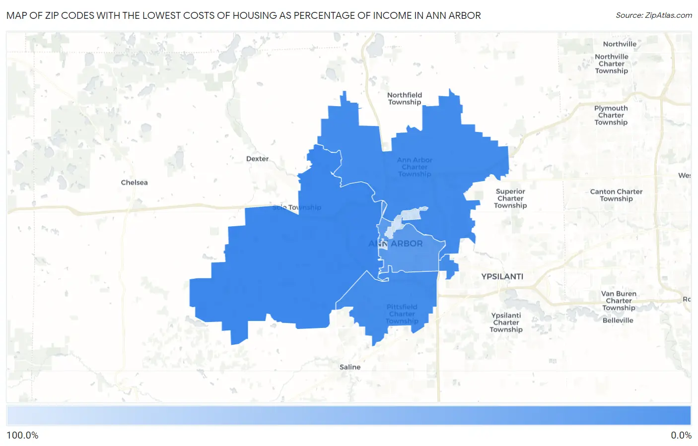 Zip Codes with the Lowest Costs of Housing as Percentage of Income in Ann Arbor Map