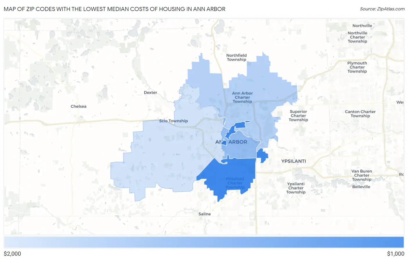 Zip Codes with the Lowest Median Costs of Housing in Ann Arbor Map