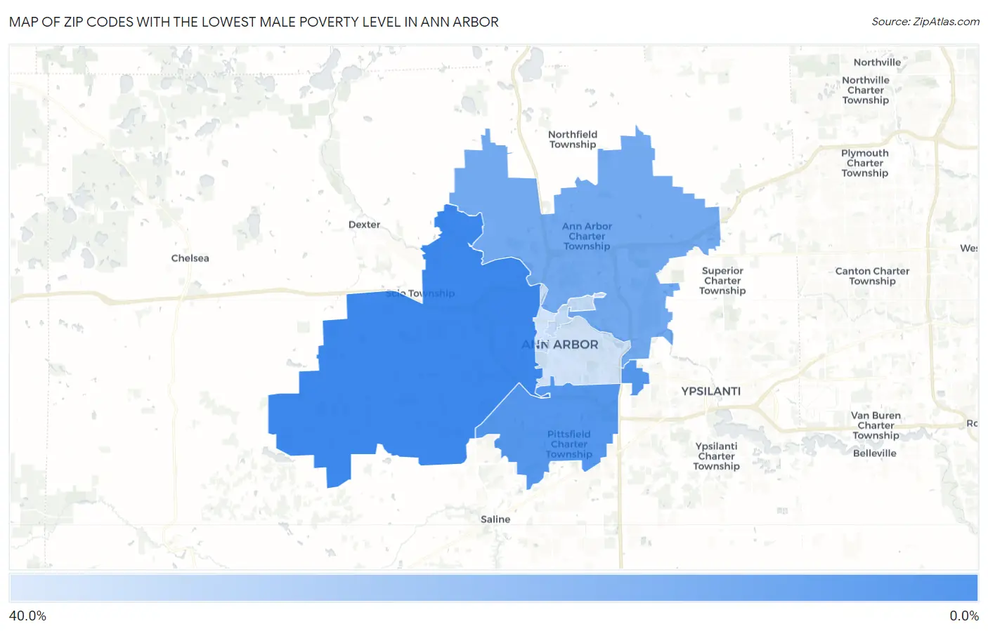 Zip Codes with the Lowest Male Poverty Level in Ann Arbor Map