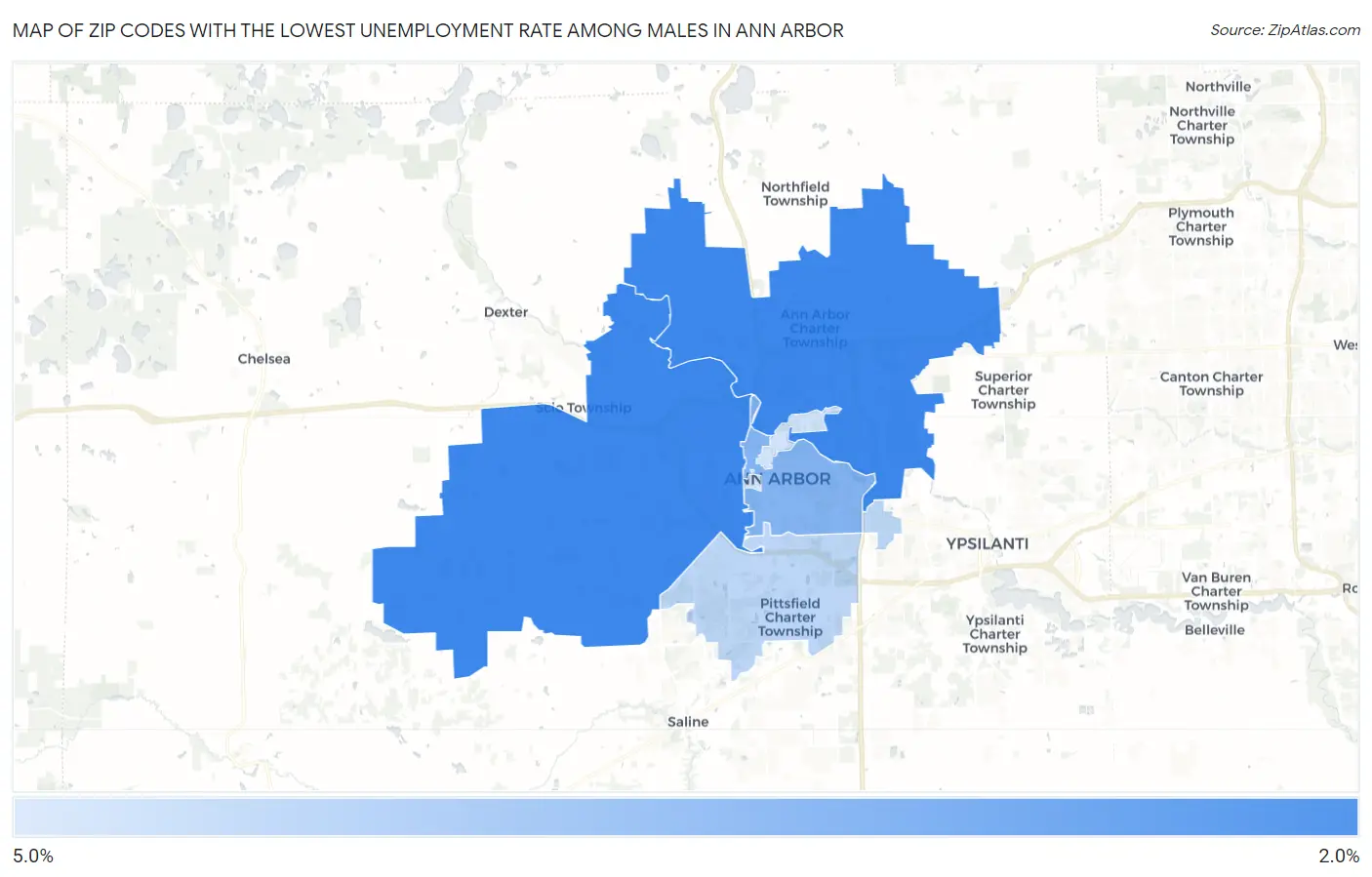 Zip Codes with the Lowest Unemployment Rate Among Males in Ann Arbor Map