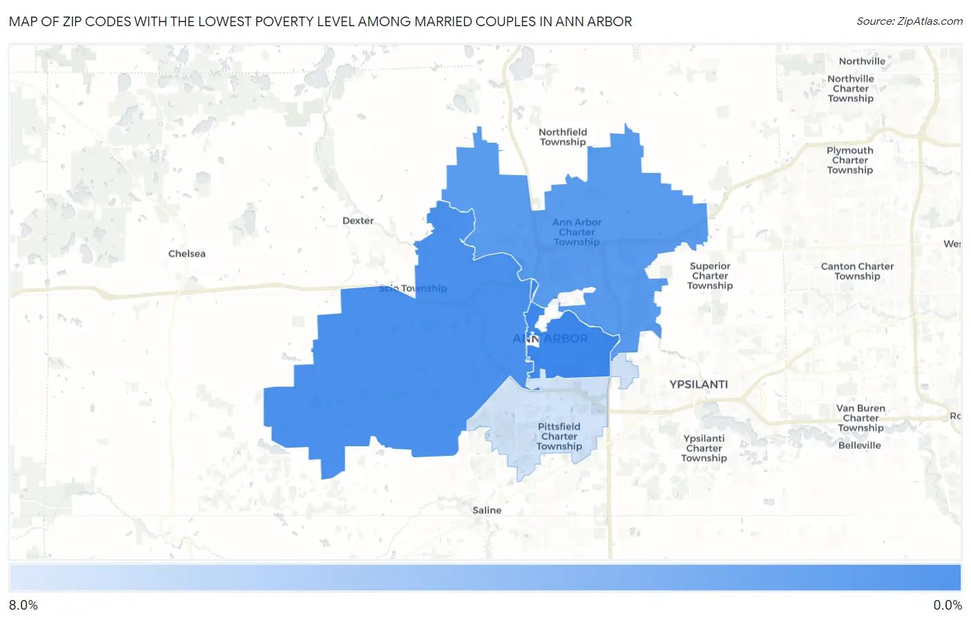 Zip Codes with the Lowest Poverty Level Among Married Couples in Ann Arbor Map