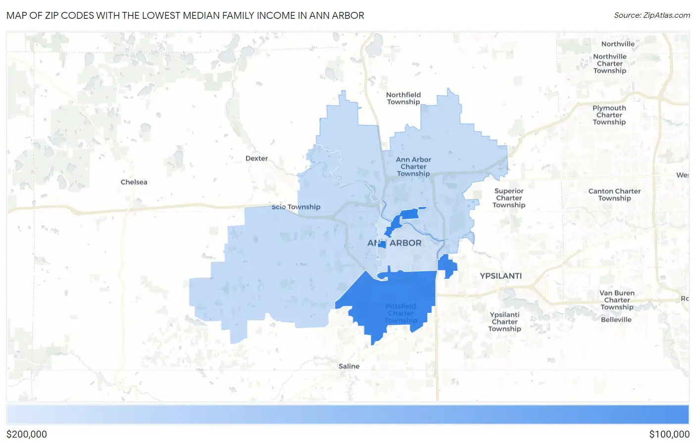 Zip Codes with the Lowest Median Family Income in Ann Arbor Map