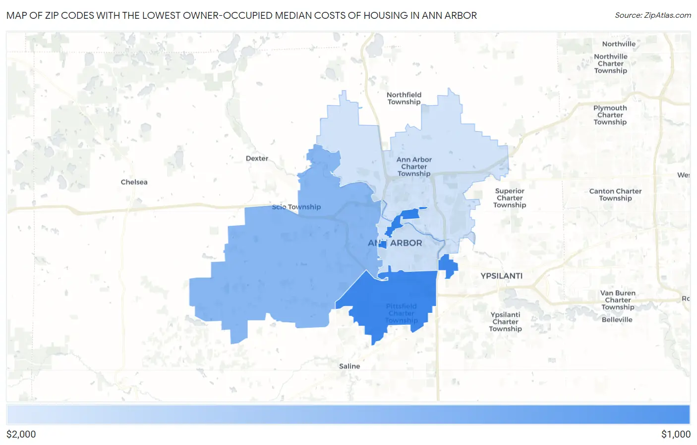 Zip Codes with the Lowest Owner-Occupied Median Costs of Housing in Ann Arbor Map