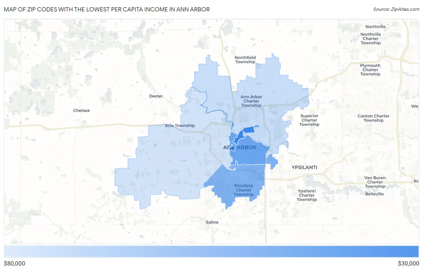 Zip Codes with the Lowest Per Capita Income in Ann Arbor Map